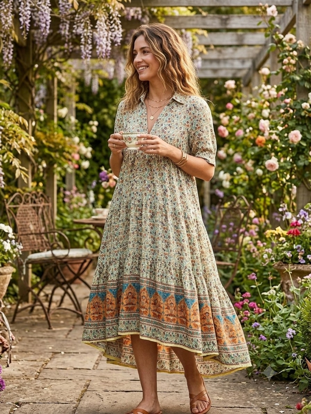 NATURAL LIFE Floral Border Print Midi Dress in Sage, Blue and Rust